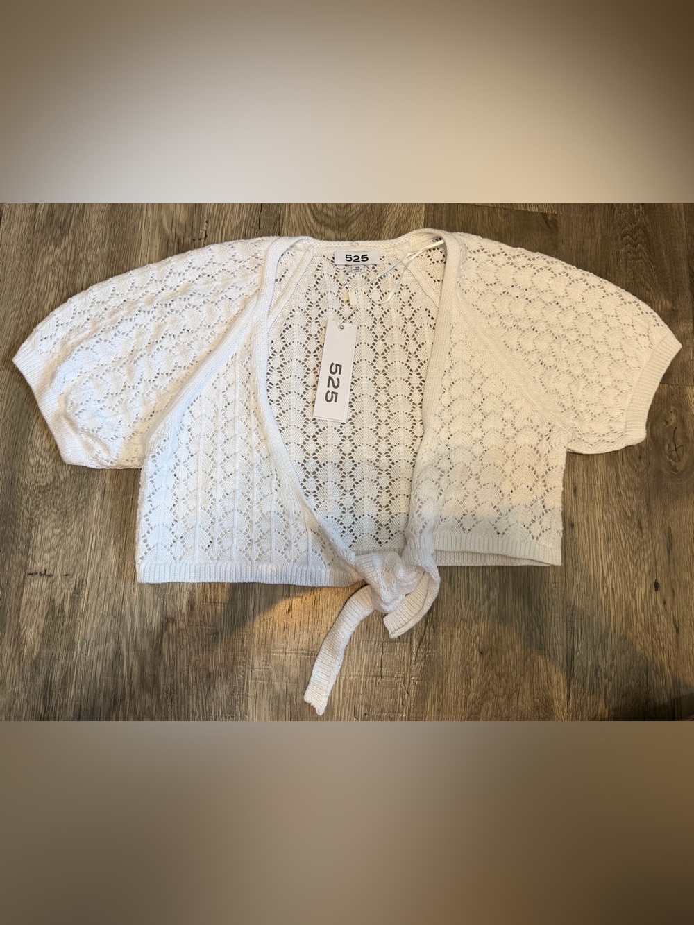 525 America White Pointelle Cotton Knit Cropped Tie-Front Cardigan Size XS NWT